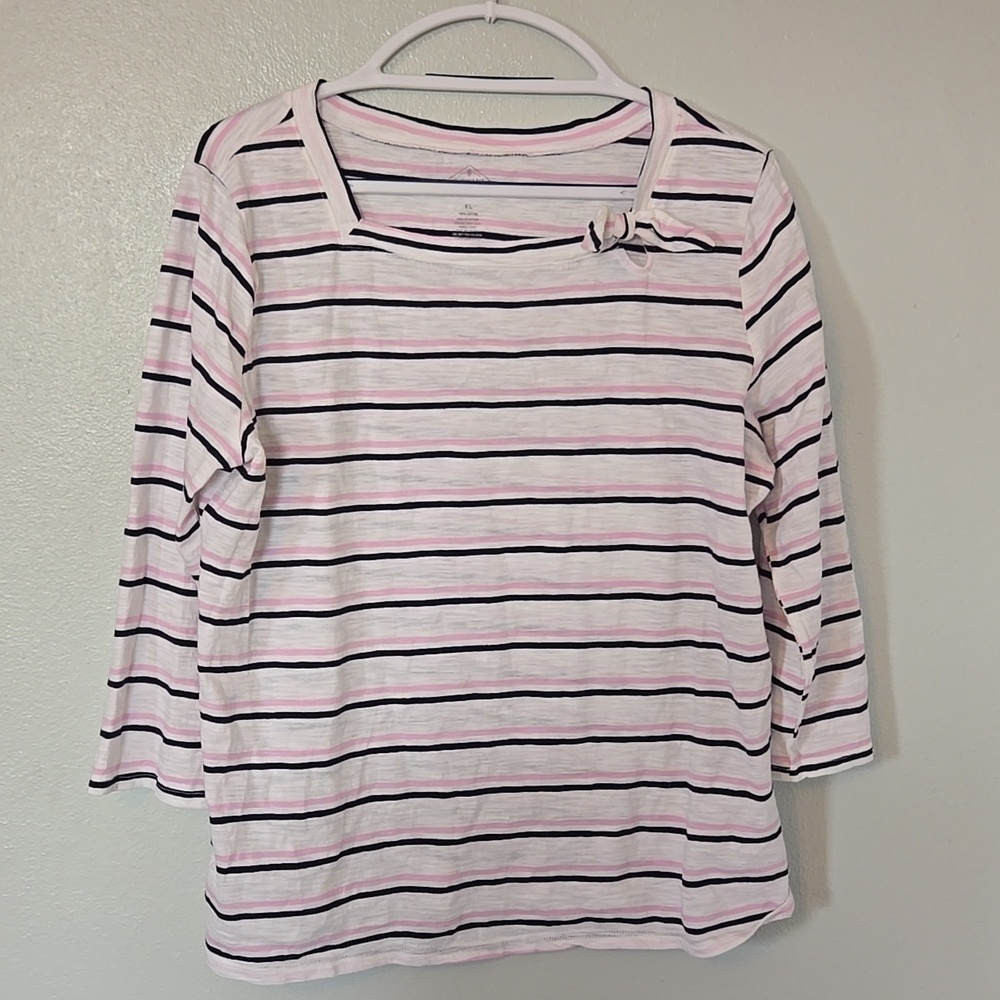 St. John's Bay | White Pink Striped 3/4 Sleeves Square Neck Top Size XL